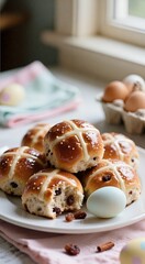 Delicious hot cross buns on plate with pastel easter eggs by window