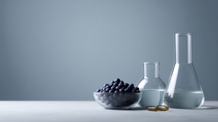 Organic supplements and laboratory glassware, clean aesthetic