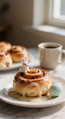 Cinnamon roll with icing and cute bunny decoration on plate in sunlit kitchen