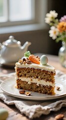 Delicious carrot cake slice with cream cheese frosting on a rustic table