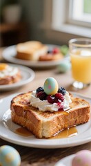 Delicious french toast with whipped cream, berries, and colorful egg on a plate with syrup