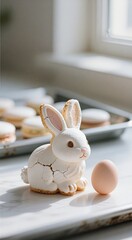 Adorable bunny-shaped meringue with macarons on marble counter