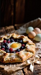 Rustic galette with berries and egg on wooden table