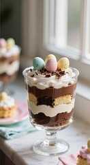 Layered chocolate vanilla trifle with speckled chocolate eggs in glass bowl
