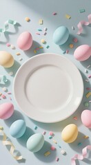 Pastel easter eggs and decorations around empty plate on light blue background