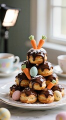 Chocolate-covered profiterole tower with easter decorations on a plate