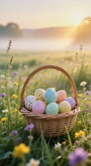 Colorful easter eggs in basket on vibrant spring meadow at sunrise
