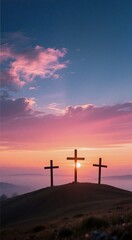 Three crosses at sunset on hill against vibrant pink sky