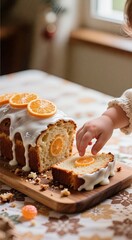 Child reaching for iced citrus loaf cake with orange slices on wooden board
