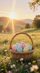Pastel easter eggs in wicker basket amid spring meadow at sunrise