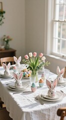 Easter-themed dining table with rabbit decorations and tulip centerpiece