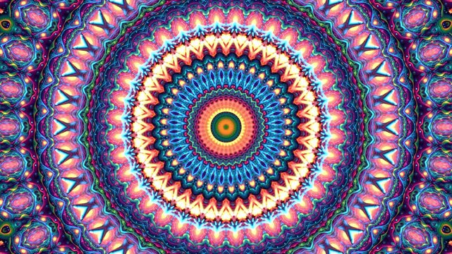 4K Colorful kaleidoscope background. Abstract multicolored motion graphics background for yoga specialist, astrology, art therapist, night club, music video.