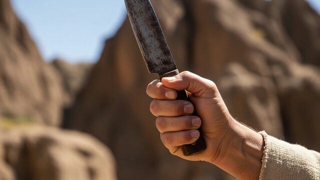 Abraham's trembling hand holding a rustic knife poised over unseen Isaac, the weathered skin and tense knuckles telling a story of ultimate sacrifice, set against the harsh rocks of Mount Moriah