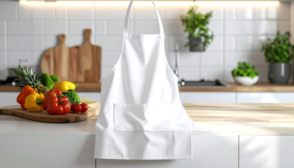 White apron hanging in a bright kitchen with fresh produce on the counter cooking chef