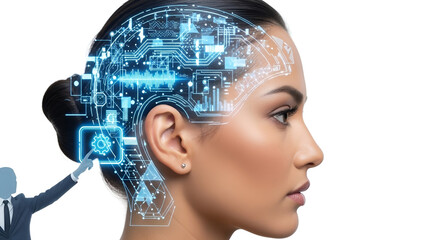 A woman's profile with a digital brain interface displayed beside her head
