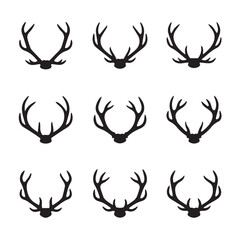 Set of deer antler silhouettes in various shapes and sizes