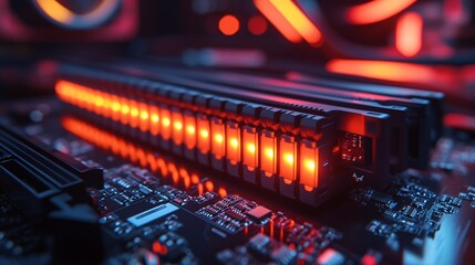 A modern DDR5 RAM module is showcased in a sleek computer build. The design emphasizes high performance with vibrant red and blue lighting, highlighting its advanced technology and component chaos.