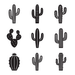 Collection of modern cactus illustrations in black