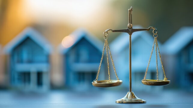 Housing Legal Protection With Scales of Justice and Homes in the Background Showing the Importance of Law in Housing Matters at Dusk