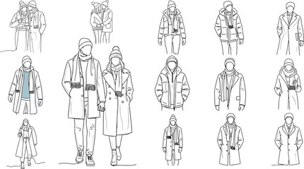 Collection of stylized line art drawings showcasing various individuals wearing fashionable winter coats and cold weather accessories for design concepts.