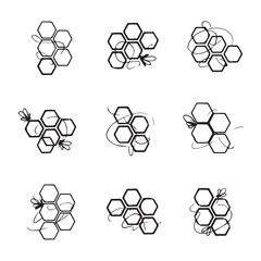 Set of bee and honeycomb illustrations with dynamic insect movements