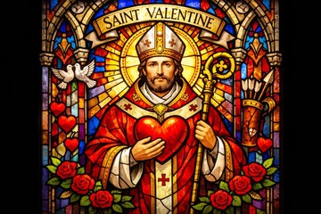 Obraz premium Saint Valentine stained glass window art with hearts, roses, and doves