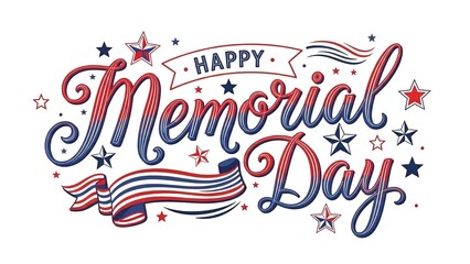 Happy Memorial Day patriotic typography design with red white blue stars and ribbon banner