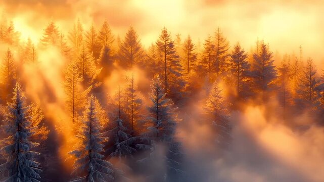 Aerial view of a misty forest during sunset or sunrise, with the sun breaking through the clouds and casting a warm, golden hue over the landscape.