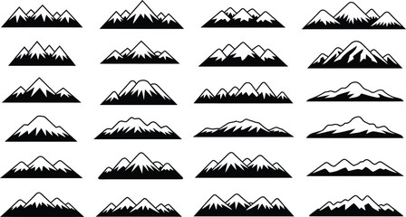 Collection of diverse mountain silhouettes in black and white styles