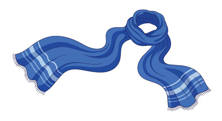Vibrant blue knitted scarf, intricately tied, with flowing ends and elegant light stripes, a perfect illustration for cozy winter fashion and