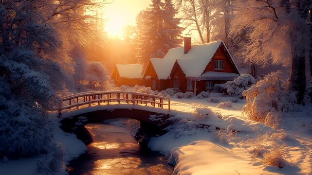 snowy winter landscape with wooden cabin and bridge during sunset.