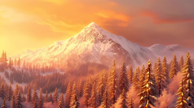 A vivid digital artwork depicting a serene winter landscape with snowcovered pine trees and a majestic mountain peak in the background. The sky is painted in warm hues of orange and pink.