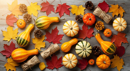 Autumn Harvest with Mini Pumpkins Gourds and Leaves on Wooden Surface