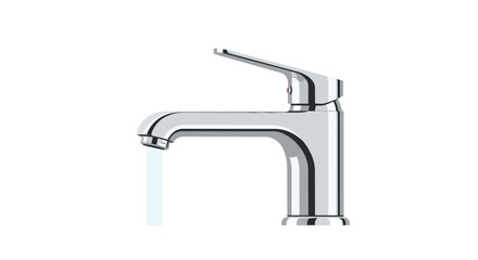 Modern chrome water tap with a steady stream of flowing fresh water, isolated on a clean white background.