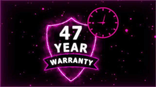 Neon Glowing Shield Badge with 47 Year Warranty Text and Clock Animation on black Futuristic Background.