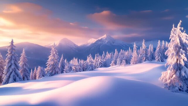 A vivid winter landscape with snowcovered trees and mountains during sunset. The sky is painted with hues of pink, orange, and blue, creating a serene and tranquil atmosphere.