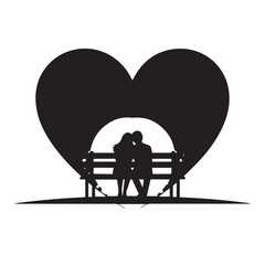 Romantic couple kissing in heart silhouette on bench