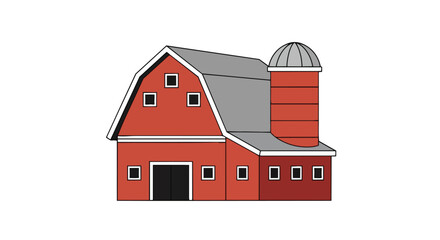 Stylized red barn and silo illustration, depicting rural farm life and traditional architecture