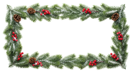 A festive rectangular frame of fir branches with snow, pinecones and holly berries on a white background with copy space. Christmas and new year concept