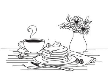 outline drawing, line sketch breakfast with pancakes and flowers on table