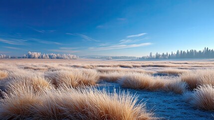 Frosty grass field under blue sky