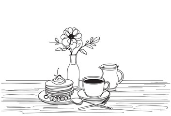 outline drawing, line sketch breakfast with pancakes and flowers on table