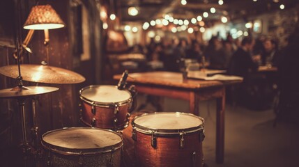 Drum Kit in Restaurant with Seated Diners