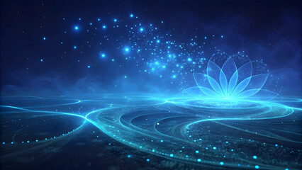 Ethereal blue lotus flower glowing in a digital landscape with sparkling light and energy trails