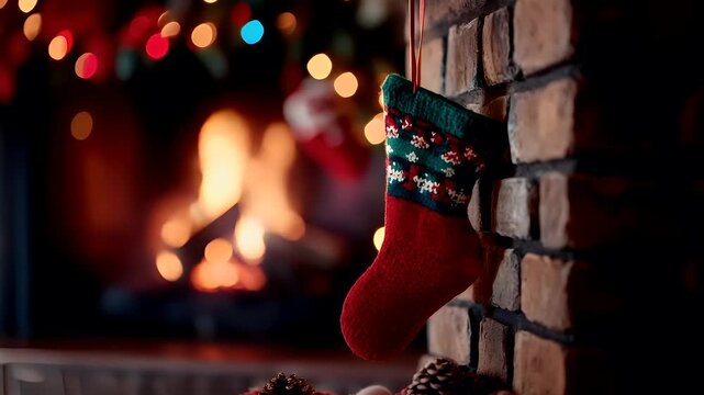 A closeup shot of a festive scene featuring a red knitted Christmas stocking hanging on a brick wall. The stocking is adorned with a pattern of snowflakes and holly leaves.