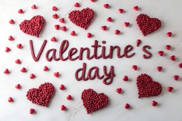 Valentine’s Day Text Formed by Tiny Red Hearts: Romantic Heart Mosaic Typography on Clean White Background