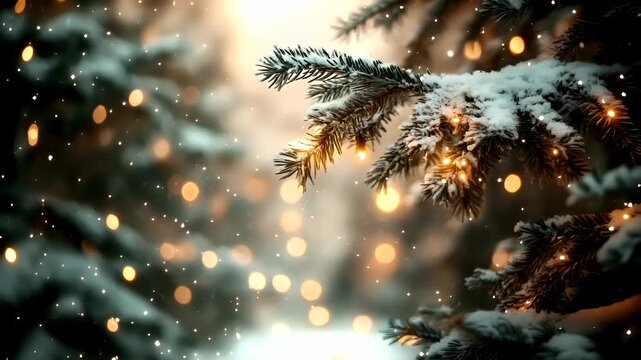 snowy pine tree branches with bokeh lights in the background.