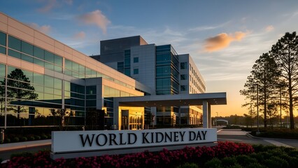Fototapeta premium A modern building at sunset, highlighting the importance of World Kidney Day. The image features a modern architectural design, conveying a sense of importance and hope
