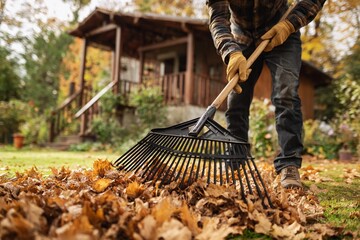 Raking dry leaves in a backyard during a bright overcast day