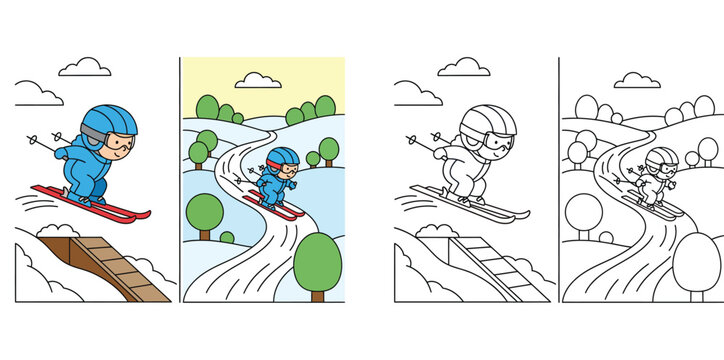 Coloring book page of happy cartoon boy skiing on snowy hill with color guide